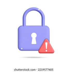 3d vector security  lock protection symbol with alert, hazard and  red danger triangle warning design. Risk, insecure connection, network, login account password and information concept illustration.