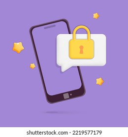 3d vector security push notification with lock password protection on Smartphone banner design. cartoon render Personal access via finger print, user authorization, protected pin code login enter.