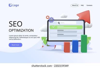 3D vector for SEO optimization, Search algorithm, SEO analysis, Digital marketing, SEO friendly website conceptual illustration with icons. Search engine ranking, website search. SEO optimization