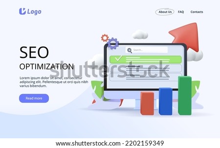 3D vector for SEO optimization, Search algorithm, SEO analysis, Digital marketing, SEO friendly website conceptual illustration with icons. Search engine ranking, website search. SEO optimization