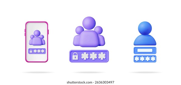 Vetor 3d conjunto de ícones de logon e senha de conta. Resumo do perfil do usuário e grupo de usuários com campo de entrada de senha protegida.