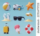 3d vector set of beach and sea, Summer Journey, Time to Travel Concept. Eps 10 Vector.