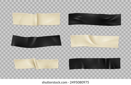 3D vector set black and yellow tape isolated on transparent background. Scotch strips design element.