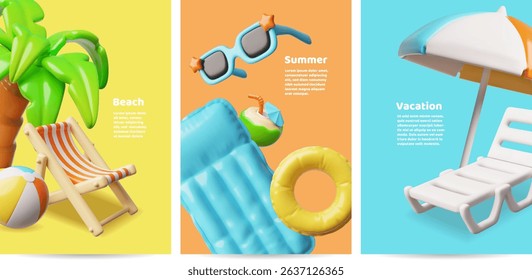 3D vector set of bright beach holiday posters with sun lounger, sunglasses, umbrella, palm tree. For summer travel and vacation advertising. Cartoon style. Rendering. Illustration.