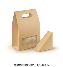 3D Vector Set of Brown Blank Cardboard Rectangle Triangle Take Away Handle Lunch Boxes Packaging For Sandwich, Food, Gift, Other Products with Plastic Window Mock up Close Isolated on White Background