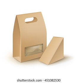 3D Vector Set of Brown Blank Cardboard Rectangle Triangle Take Away Handle Lunch Boxes Packaging For Sandwich, Food, Gift, Other Products with Plastic Window Mock up Close Isolated on White Background