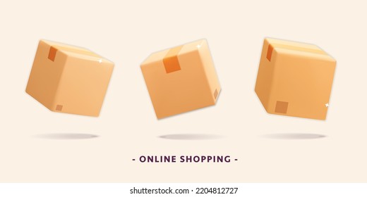 3d vector set of cartoon render closed cardboard box icon in different view design. Isolated on background. Fast delivery, online shopping, free shipping, fragile care mockup concept. 