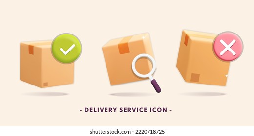 3d vector set of cartoon render closed cardboard box icon in different view design. Isolated on background delivered, ok,  cancel, cross and check mark, search, magnifying glass, lost, find symbol.