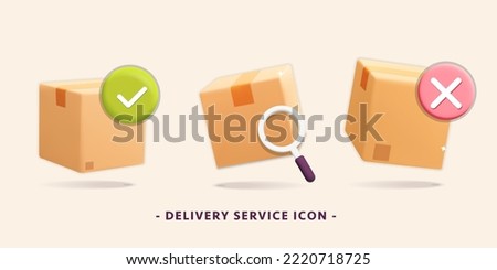 3d vector set of cartoon render closed cardboard box icon in different view design. Isolated on background delivered, ok,  cancel, cross and check mark, search, magnifying glass, lost, find symbol. Foto stock © 