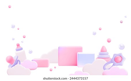 3D Vector set of children's toys: cubes, pacifier, rattle in pink tones. Ideal for cards, decorations and greetings for girls on a white background. Place for text.