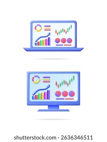 colección de conjunto de Vectores 3D con análisis de negocios en monitor de computadora y computadora portátil que muestra datos de crecimiento y gráficos financieros para su presentación.