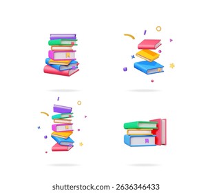 3d vector set collection of colorful book piles and floating books for education, learning, and knowledge concept design.