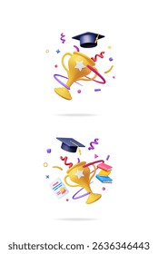 3d vector set collection of graduation cap, golden trophy cup and books with confetti elements for education award.