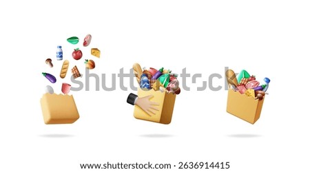 3d vector set collection of grocery bags full and with items falling into them, or held by a hand. Shopping and delivery concept for retail.