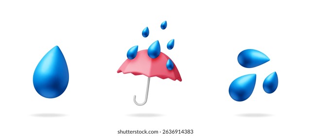 3d vector set collection with pink umbrella and blue rain water drops. Weather concept for forecast and climate.