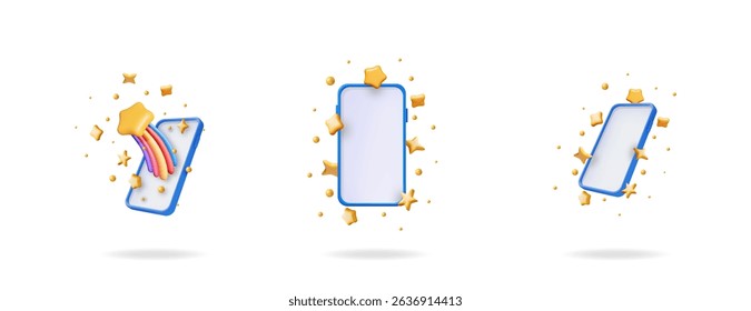 3d vector set collection of smartphone with golden stars and rainbow streak. Concept of online review, success, ranking, good service, and mobile app rating.