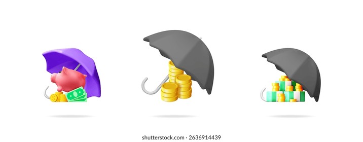 3d vector set collection with umbrella protecting money, piggy bank, and gold coins. Financial security, investment protection, and saving concept.