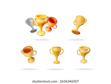 3d vector set collection of various gold, silver, and bronze trophy cups. Cartoon style award for victory. Concept of achievement and winning.