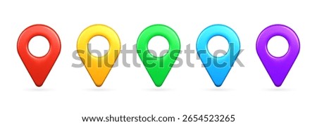 3D vector set of colorful location pin icons. Creative GPS pointer markers in cartoon style for map navigation, locate symbols, and place indicators.