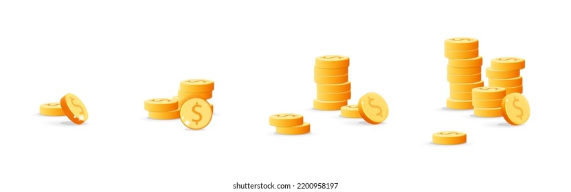 3d Vector Set Of Different Gold Coins Stacks Icons Design Isolated On White Background. Realistic Render Pile Of American Dollar Coins,  Cash Tower. Growth, Profit, Financial Strategy, Income, Saving.