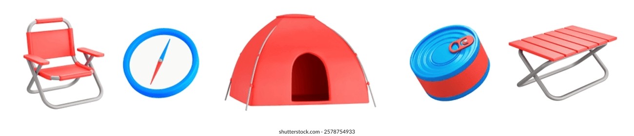 3d vector set elements for camping from chair, compass, tent, can with food, folding table red and blue colors. Traveling and camping. Cartoon style. Stock vector illustration on isolated background.