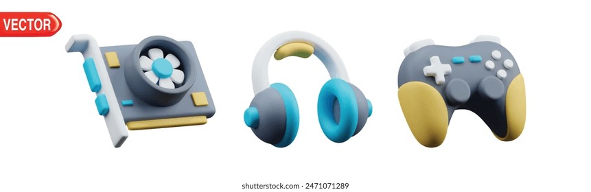 3d Vector set of games icon, graphic card, headphone and joystick. Video game and esports, Game concept