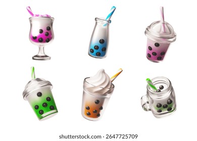 Vetor 3d conjunto de copos de diferentes formas com chá de bolha de diferentes cores, chantilly e palha. Bebida refrescante com bolas de tapioca. Sobremesa de leite asiática. Plano de fundo isolado.