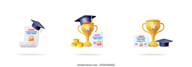 3d vector set with gold trophy, graduation cap, diploma, coin for education, success, career growth, university academic achievement.
