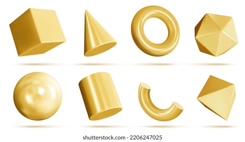 Conjunto vectorial 3d de formas geométricas doradas. Objeto de metal moderno. Concepto de vector