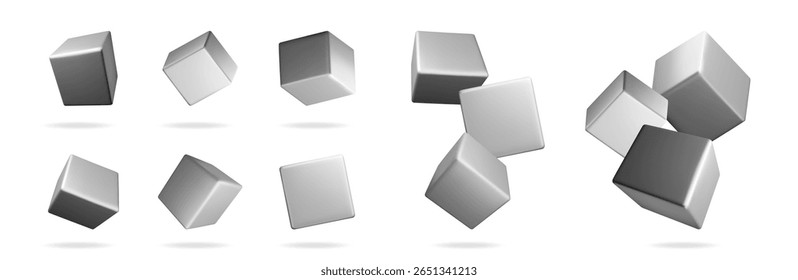 3D vector set of grey cubic forms floating in the air. Geometric shapes for design element and background. Abstract 3d model illustration.