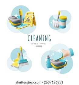 3D vector set of home and office cleaning tools. Render collection of cleaning accessories and housekeeping equipment. Realistic shine detergent, wet floor caution sign, rags, bucket and mop