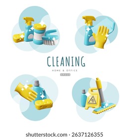3D vector set of home and office cleaning tools. Realistic sparkle collection of cleaning accessories and housekeeping equipment. Render detergent, wet floor caution sign, rags, bucket and mop