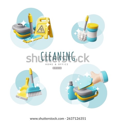 3D vector set of home and office cleaning tools. Render collection of cleaning accessories and housekeeping equipment. Realistic shine detergent, wet floor caution sign, rags, bucket and mop