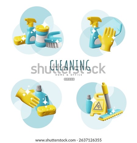 3D vector set of home and office cleaning tools. Realistic sparkle collection of cleaning accessories and housekeeping equipment. Render detergent, wet floor caution sign, rags, bucket and mop