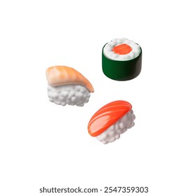 Vetor 3D define ícones de rolos tradicionais e sushi com salmão, caranguejo e atum isolados em um fundo branco. É ideal para o cardápio de frutos do mar asiático.