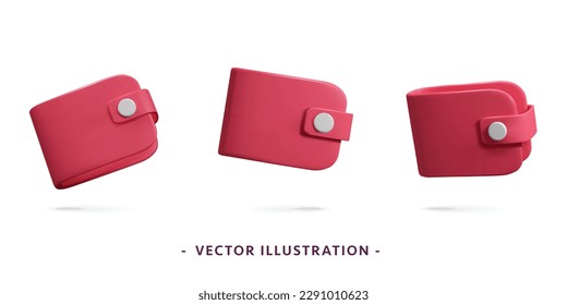 3d vector set of money wallet in different poses and points of view and angles symbol design. Cartoon render red mockup element purse for commercial, investment and banking app service.