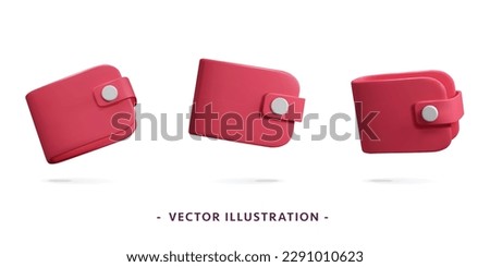 3d vector set of money wallet in different poses and points of view and angles symbol design. Cartoon render red mockup element purse for commercial, investment and banking app service.