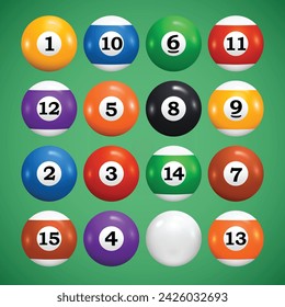 3d vector set of Pool balls on a green background, realistic billiard balls