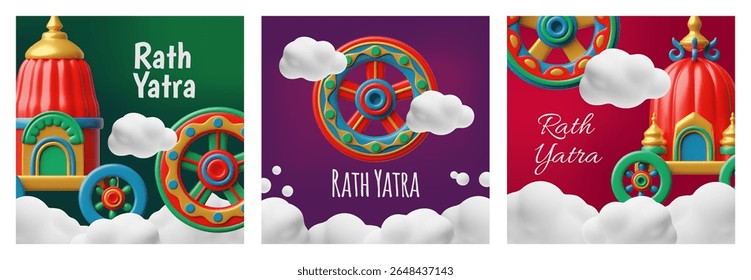 3D vector set of Rath Yatra celebration cards in India. Vibrant posters with traditional elements, wheel and chariot in the clouds. Religious festival of carrying out Lord Jagannath. Illustration.