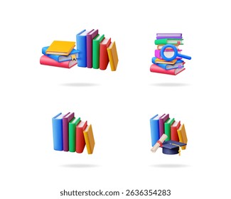 vetor 3d conjunto com livro colorido realista, tampa de graduação e rolagem. Educação, escola, biblioteca, conceito de treinamento.