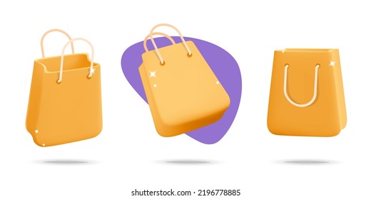 3d Vector Set Of Realistic Render Yellow Shopping Bags In Different Views Icon Design. Online Store Mockup Banner. Cartoon Collection Of Gift Paper Bags  Shiny Sparkles Isolated On White Background.