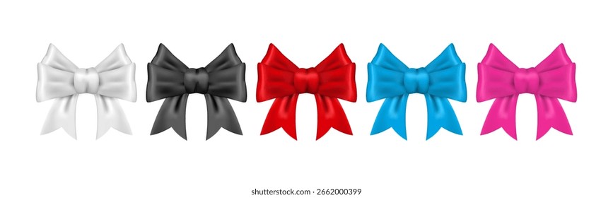 3D vector set of ribbon in blue, pink, red, black, and white. 3d style icons for gift wrapping, decorations, or hair accessories. Isolated on white background.
