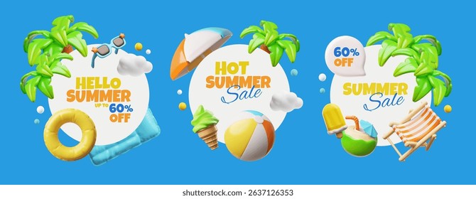 3D vector set of round frames with beach attributes, for seasonal hot discounts. Palm, ice cream, sunglasses, sun lounger, umbrella. Summer vacation, travel, holiday concept. Cartoon style.