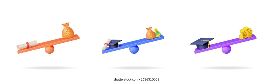 3d vector set showing balance between education and money. Graduation hat and diploma on scales with various money amounts.