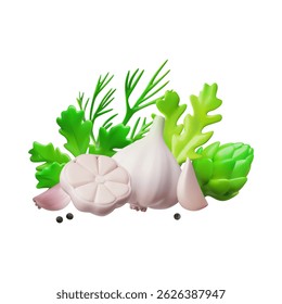 Vetor 3D conjunto de vegetais picantes e verdes, alho, inteiro e metade, espargos, endro e salsa. Alimentos orgânicos. Produtos saudáveis. Vegetarianismo. Cozinhar. Ingredientes vitamínicos Plano de fundo isolado.