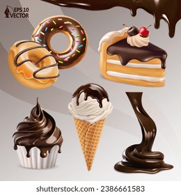 3D vector set of sweet food. Liquid dark chocolate, ice cream with toppings, glazed donuts, hot chocolate cupcake. Realistic food illustrations for design and advertising