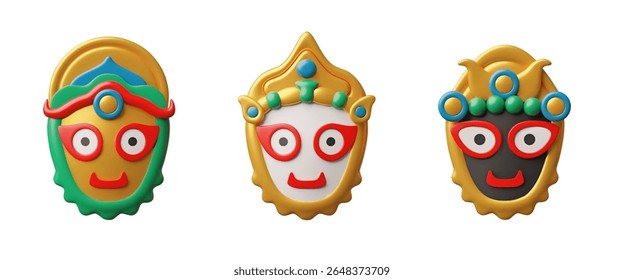 Vetor 3d conjunto de três faces de Jagannath, Balabhadra, divindades Subhadra. Máscaras de Rath-Yatra. Festival tradicional religioso indiano. Ícones isolados para decoração. Estilo de desenho animado. Renderização.
