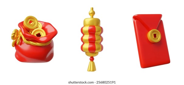 3d vector set of traditional asian elements: coin bag, red envelope and paper lantern. Chinese New Year celebration. Oriental festival. Wealth and prosperity. Cartoon style. Isolated background.