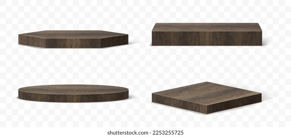 3D Vector set of wooden podium pedestals, Abstract geometric empty stages wooden exhibit displays award ceremony product presentation platform