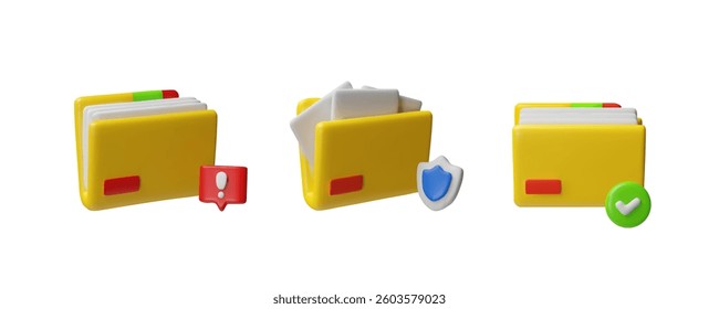 3D vector set of yellow document folders with shield, exclamation mark and check mark icons. Warning, protection and approval. File management and storage concept. Isolated background.